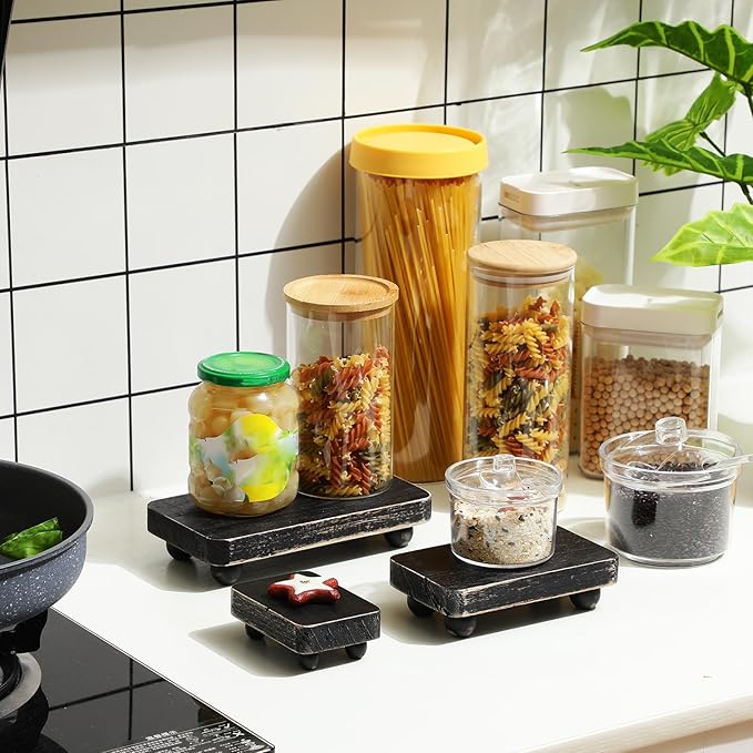 Maitys 3 Pcs Wooden Risers for Display Pedestal Stand Wooden for Decor Farmhouse Vintage Rustic Stackable Kitchen Stand Tray Riser, 3 Sizes(8 x 4.3, 6 x 3.5, 4 x 2.8 in,Black)