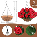 Hananona 2 Set Artificial Red Geraniums Flowers for Outdoors with Hanging Baskets, 2 Hanging Planters with 12 Pcs Red Geranium Flowers for Christmas Front Porch Garden Patio Home Decor (2, Red)
