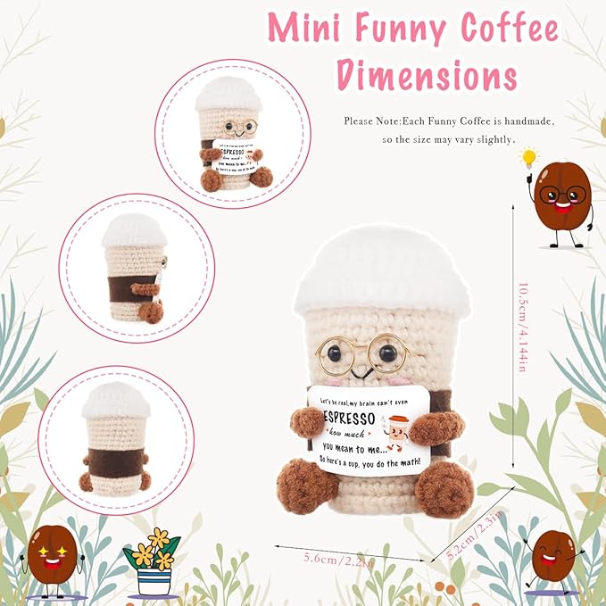 Positive Crochet Coffee Decor, Handmade Espresso Cup Desk Ornament with Display Box, Funny Birthday for Women Men, Teacher Appreciation (White Coffee)
