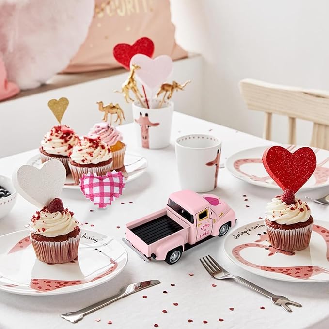 Valentine's Day Mini Metal Truck Romantic Love Model with Pink Hearts Vintage Metal Farm Pickup Truck Farmhouse Tiered Tray Decor for Farmhouse Shelf Kitchen Table Home Decor