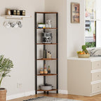 Furnulem 6 Tier Corner Shelf with LED Light, 67.5” Tall Standing Shelf Organizer, Narrow Bookshelf with Storage Rack for Wall Corner, Living Room, Bedroom, Metal Frame, Wood Display Shelf