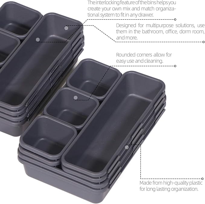 Set of 32 Interlocking Desk Drawer Organizer Tray Dividers Plastic Shallow Narrow Drawers Organizers Separators Storage Bins Container for Kitchen Bathroom Makeup Office Vanity Bedroom Dresser