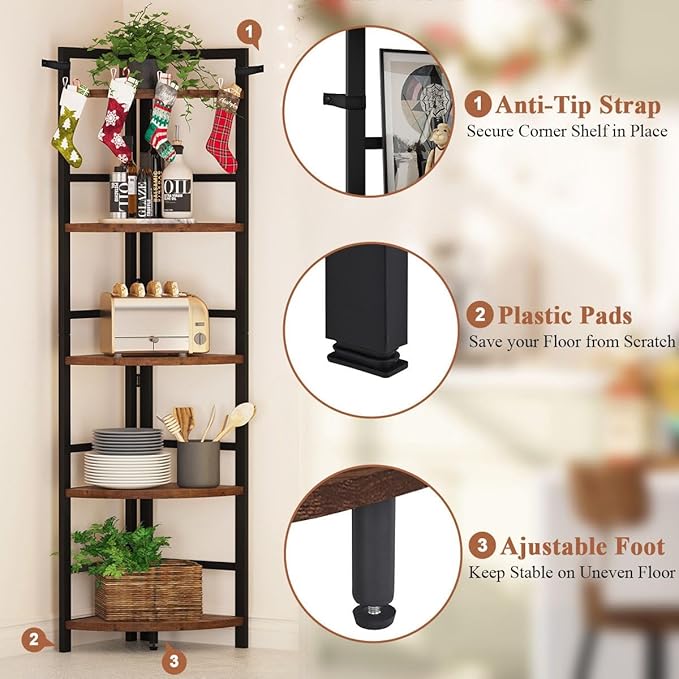 BON AUGURE 5 Tier Corner Bookshelf, Industrial Corner Shelf Stand, Narrow Tall Wood Bookcase, Display Wooden Shelving Unit Shelf for Living Room, Kitchen, Home Office (Rustic Oak)