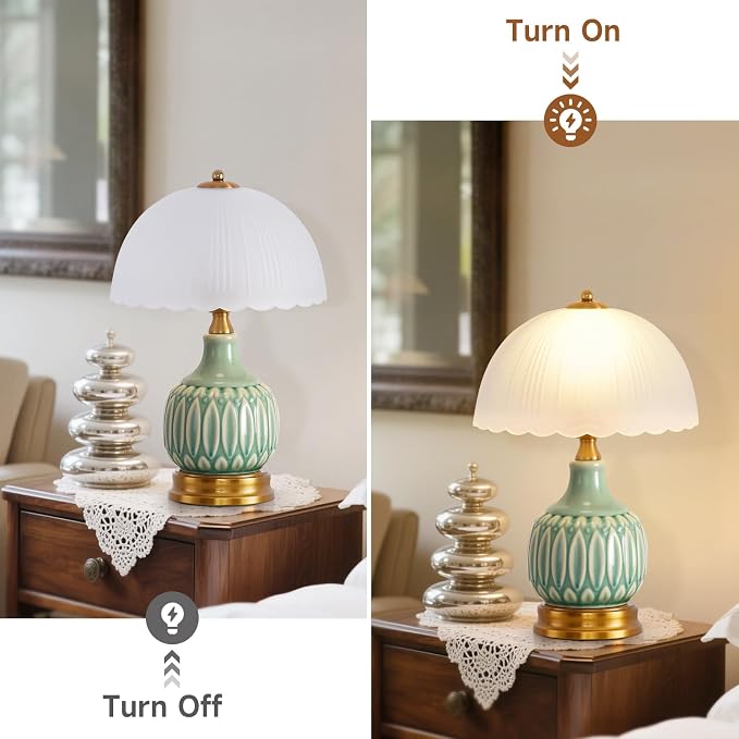Table Lamps Ceramic Retro Lamp for Living Room,15.7" Modern Bedside Nightstand Traditional Lamps, Classic Chinoiserie Green Glass Lamp for Home (Retro)