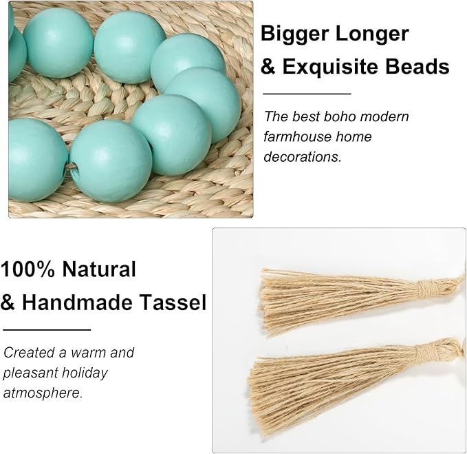 OMISHE Extra Large Wood Bead Garland Aqua Teal with 1.6" Diameter Wooden Beads and Tassels, 41" Long Rustic Farmhouse Country Decorative Beads for Home Decor, Aqua Teal