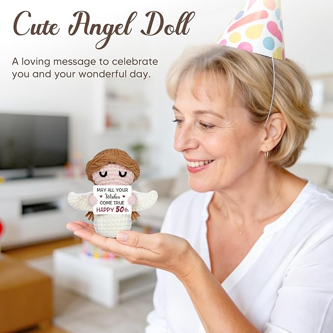 50th Birthday Gifts for Women Men, 1976 50th Birthday Decorations, Funny 50 Years Old Gifts for Family Friends Colleagues - Handmade Positive Angel Crochet Doll