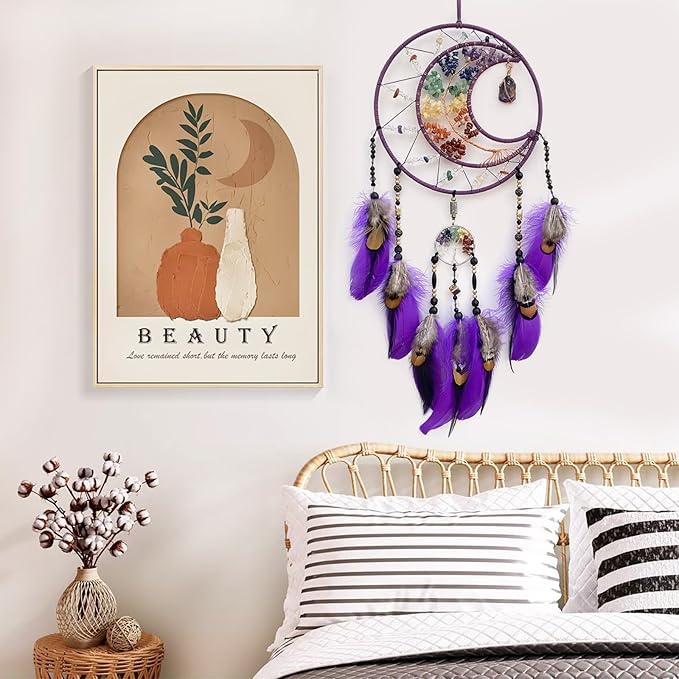 Purple Large Dream Catcher Wall Decor Crystal Tree of Life Dream Catchers with Stone Pendant Handmade Feather Dreamcatcher Wall Hanging Ornament for Bedroom Living Room Home Decor