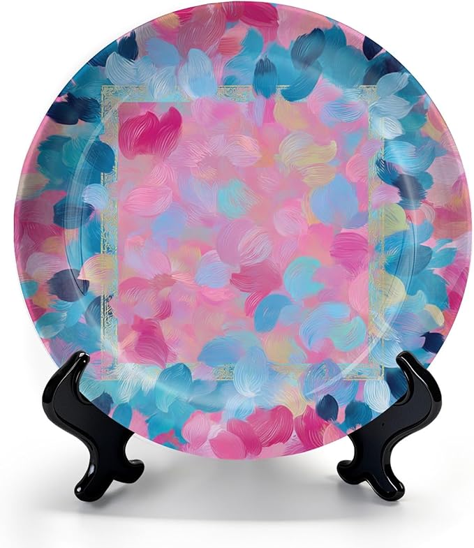 HABEN ARTWORK 8" Ceramic Plates for Display Colorful Abstract Floral Pink Blue Swirls Decorative Plate with Stand and Hook for Kitchen Dining Room Wall Hanging Decor