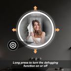 DUMOS 24 Inch Round LED Bathroom Mirror with Lights, Circle Vanity Mirror with Anti-Fog, Dimmable, 3-Color Light, Front Light and Backlit, Memory Function, Tempered Glass