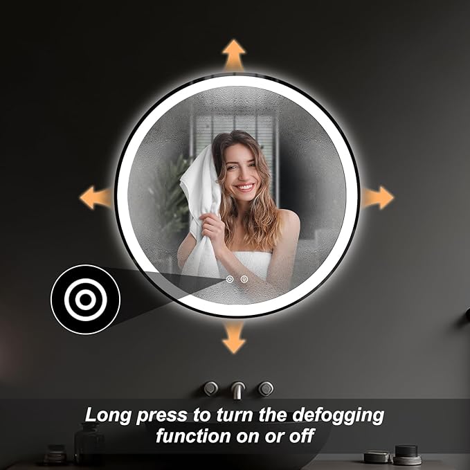 DUMOS 24 Inch Round LED Bathroom Mirror with Lights, Circle Vanity Mirror with Anti-Fog, Dimmable, 3-Color Light, Front Light and Backlit, Memory Function, Tempered Glass