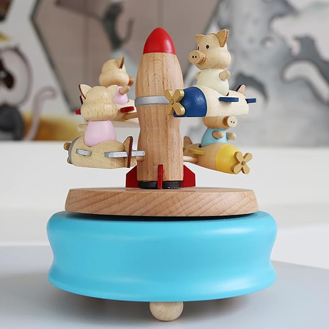 Natural Solid Wood Handcrafted Beech Wooden, Musical FigureTotoro/Carousel/Fairy/Ballerina Figurine,Rotating Hand Crank Mechanism Music Box,Musical Decorations (Little Pigs on the Plane)