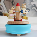 Natural Solid Wood Handcrafted Beech Wooden, Musical FigureTotoro/Carousel/Fairy/Ballerina Figurine,Rotating Hand Crank Mechanism Music Box,Musical Decorations (Little Pigs on the Plane)