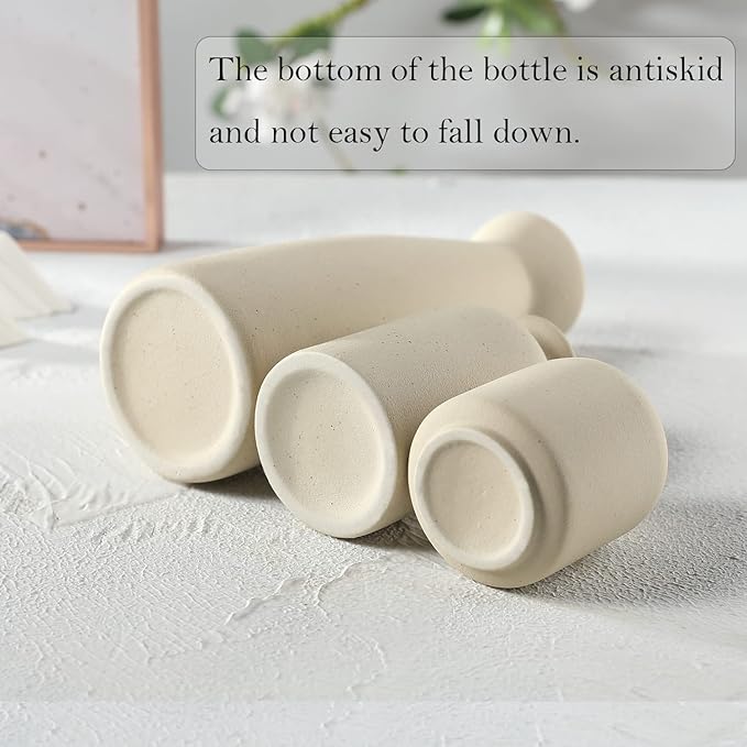 CEMABT Beige Ceramic vase Set-3 Small Flower vases for Decor,Modern Boho Farmhouse Home Decor,Decorative vase for Pampas Grass&Dried Flowers,idea Shelf,Table,Bookshelf ，Entryway- Distressed