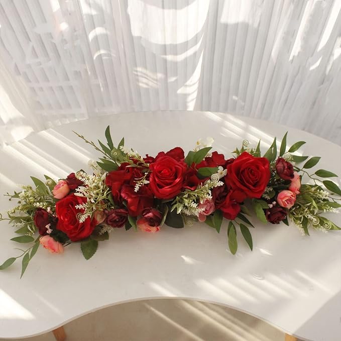 Artificial Peony Flower Swag, 29.6in Faux Eucalyptus Leaves Corner Rose Floral Swags, Artificial Mirror Flower Chair Back Flower Swags for Sheer Drapes, Wedding Chair, Arbor, Wedding(red)