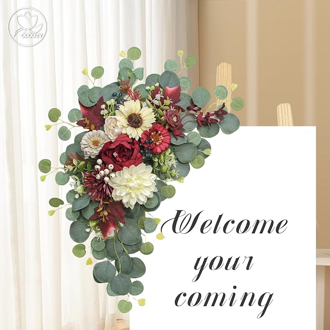 Odouzy Artificial Wedding Arch Flowers for Wedding Sign,Set of 2 for Welcome Ceremony Sign,Faux Floral Swags, Banquet and Reception Backdrop Floral Decoration (White Red)