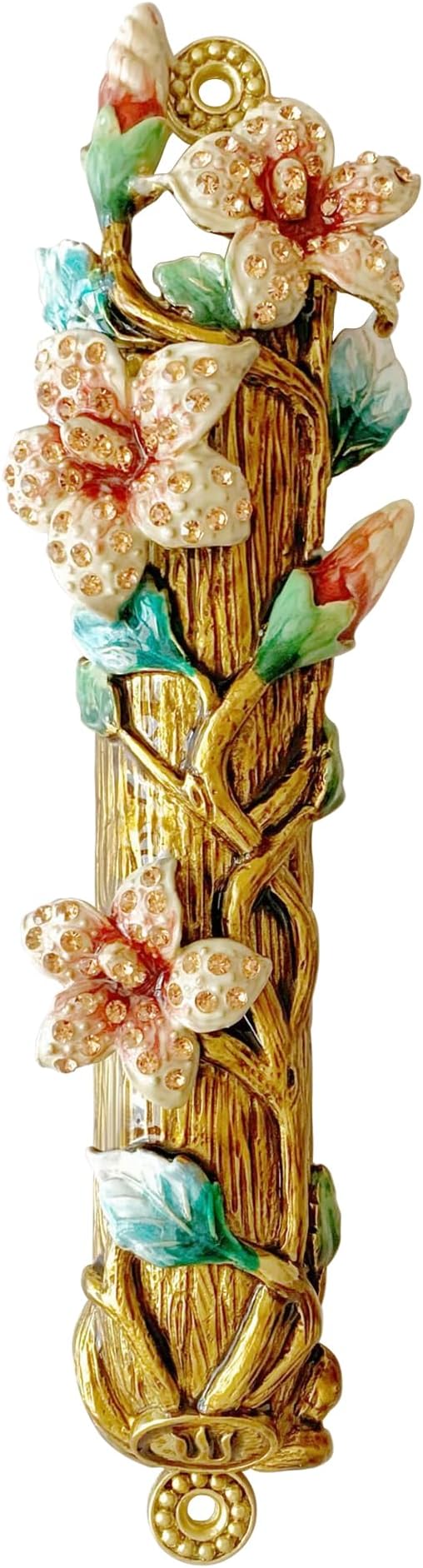 Hand-Painted Mezuzah, 9.5 Inches Large Mezuzah with Exquisite Enamel Design, Pomegranate Flower, and Scroll Included for Jewish Occasions