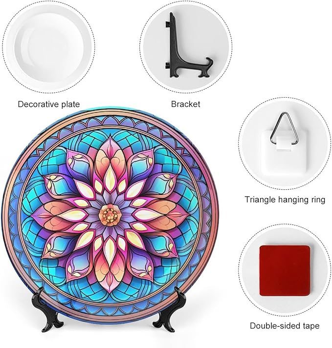 Decorative Plates, Morocco Floral Watercolor Stained Glass Print Ceramic Dinner Plate Home Wobble-Plate with Display Stand, Wall Hanging Decor for Kitchen Household 10 Inch, Gifts for Family Friends