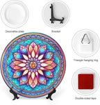 Decorative Plates for Wall Hanging, Morocco Floral Watercolor Stained Glass Print Ceramic Plate w/Display Stand, Home Decor for Kitchen Cabinets, Round Tray 8 Inch, Gift for Family Friends