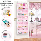 Ofiray-home Pink Over The Door Organizer 5 Tiers, Extra Large Behind Door Storage of 10 Compartments, 50 lbs Weight Capacity Over The Door Storage for Closet, Diaper Organizer