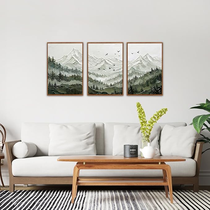 KAlRNE Natural Mountain Framed Canvas Wall Art Set of 3(16”X24”),Textured Sage Green Wall Decor,Neutral Watercolor Forest Picture Snowy Landscape Art Prints For Living Room Bedroom Office