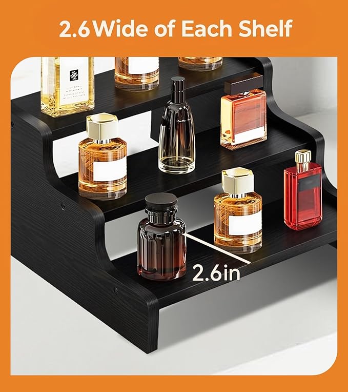Wooden Cologne Organizer for Men, Perfume Organizer Stand, Cologne Stand with Anti-Slip Washers, Wooden Display Risers Stand for Dessert, Cupcake, Black, 3-tier-11.8in