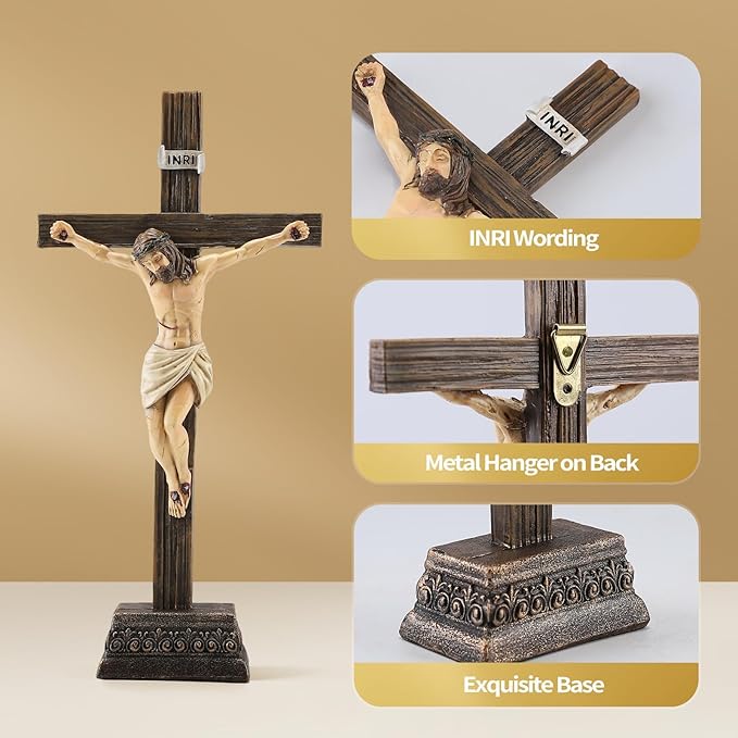 Magicsculp 10.8" H Jesus Crucifix Statue - Resin Standing Wall Cross Decoration, Praying Religious Figurine Jesus Christ Catholic Display, Hanging or Tabletop with Stand for Home Decor