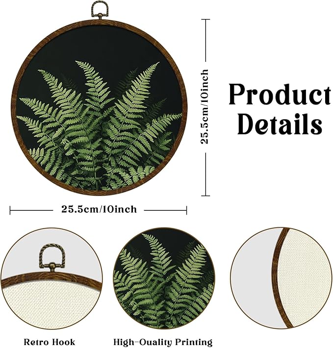Retro Botanical Wall Art Decor, Boho Wildflower Ferns Plants Canvas Prints Round Wall Art, Vintage Wall Hanging Door Artwork Decor for Farmhouse Bedroom Living Room Gallery 10x10i(MG06)