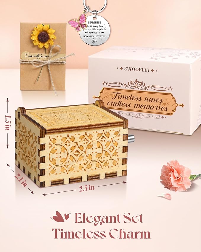 Swooflia Mother's Day Wooden Music Box for Niece with Sunflower Greeting Card - Hand Crank Engraved Musical Box Vintage Mechanism Personalized Gifts for Women On Birthday