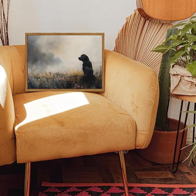 Framed Vintage Black Dog Canvas Wall Art, Rustic Hunting Dog in Wildflower Meadow Pictures Wall Decor, Farmhouse Animal Nature Paintings Prints Home Decor for Living Room Bedroom 12x16 inch