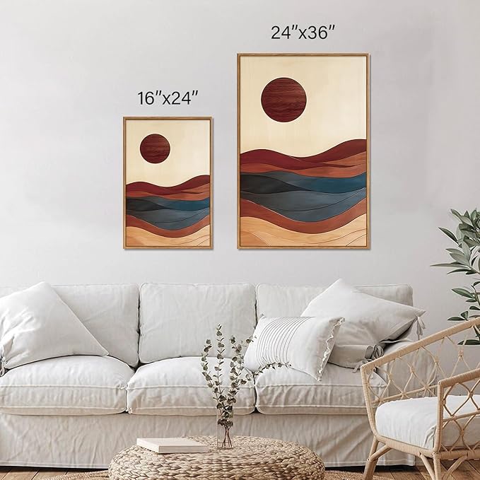 SIGNINART Boho Mid Century Modern Framed Canvas Wall Art, Bohemian Geometric Wall Decor, Abstract Sun and Moon Artwork,Beige and Black Wooden Art Paintings for Living Room Bedroom Office 24"x36"x3