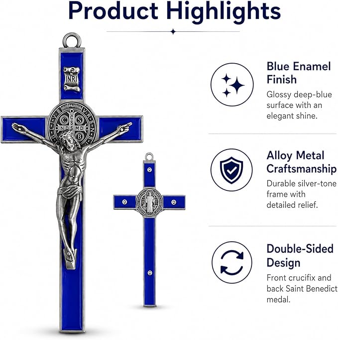 TALPGOD St Benedict Crucifix Silver Blue 7.2 Inch,Crucifix Wall Cross for Catholic Decor,Jesus Christ Hanging Cross Wall Art Decor,Escapularios Catolicos,Saint Benedict Medal for Home Decoration