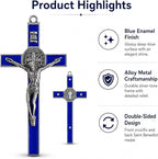 TALPGOD St Benedict Crucifix Silver Blue 7.2 Inch,Crucifix Wall Cross for Catholic Decor,Jesus Christ Hanging Cross Wall Art Decor,Escapularios Catolicos,Saint Benedict Medal for Home Decoration
