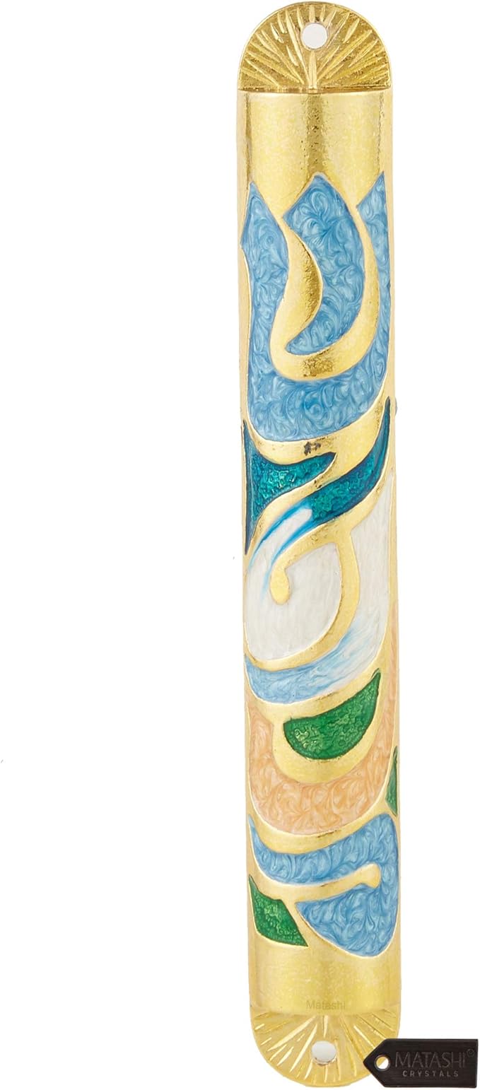 Matashi Gold Hand Painted Enamel 6 inch Mezuzah Embellished with Hebrew Shin Home Door Wall Decor Home Décor Jewish Holiday Housewarming Present House Blessing Gift for Holiday Festival
