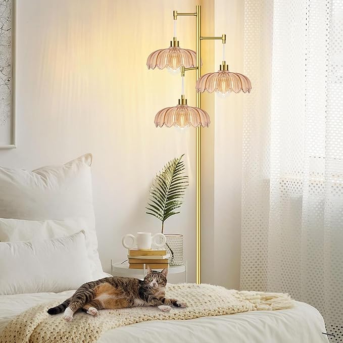 QIYIZM Glass Floor Lamp for Living Room,Bedroom,Gold Mid Century Modern Standing Lamp Brass Tree 3 Light Tall Floor Lamps Vintage Retro Floor Lights Flower Lamp Shade Farmhouse Boho Bohemian