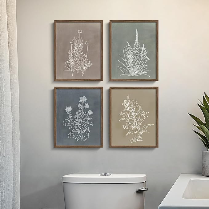 Boho Framed Botanical Wall Art for Bathroom Decor, 4 Piece Rustic Floral Canvas Painting Prints Artwork for Walls, Vintage Neutral Flower Pictures for Farmhouse Bedroom Dining Room Kitchen, 8x10 Inch