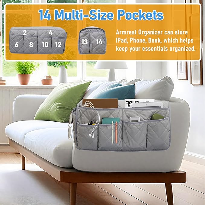 Armchair Caddy, Sofa Armrest Organizer, Non Slip Recliner Organizer, Remote Control Holder for Recliners, Couch Caddy with 14 Pockets Storage for TV Remote, Phone, Magazine (Grey)