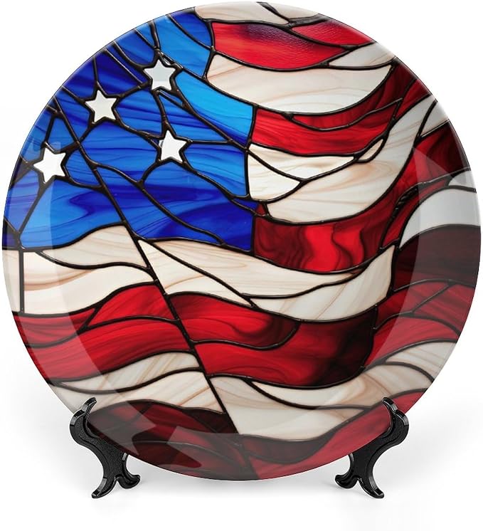 Decorative Plates for Home Decor, Blue Red USA Flag Stained Glass Painting Decor Tray for Table Display, Ceramic Dinner Plate W/ Stand, Living Room Dining Room Decor, Gifts for Patriotic, 7 Inch