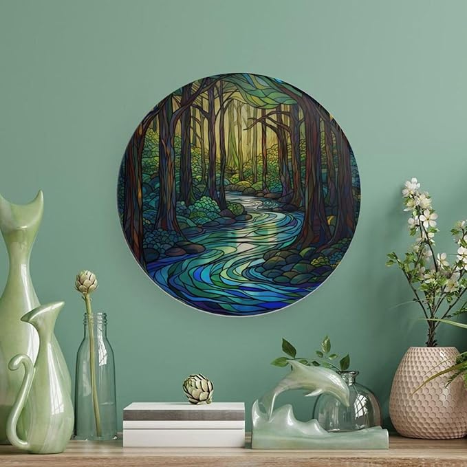 Stained Glass Theme Decorative Ceramic Plate Round Porcelain Plate,7 inch,Sunrise Forest Stream Pattern,for Decorative Ornaments Giving Plates, 1 Plate with 1 Display Stand,Green Blue Gold