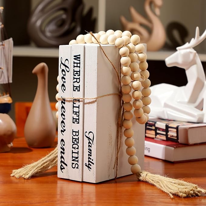Jetec 3 Pcs Decorative Display Books White Home Decor Coffee Table Faux Stacked Fake Decorative Books with Wood Bead Tassels for Shelves Kitchen Entryway Living Room, 58 Inch, Family Where Life Begins