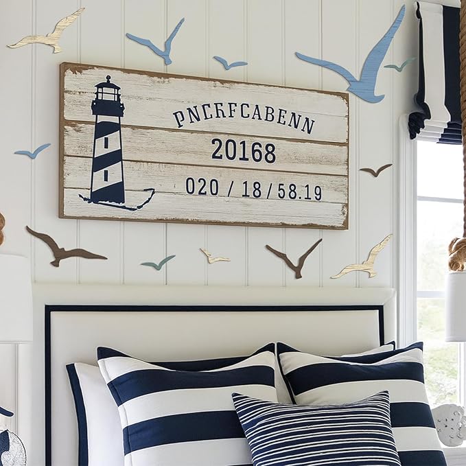 Wesiti 11 Pcs Wooden Seagull Wall Decor Nautical Theme Beach Coastal Art Small Seagull Sea Birds Wall Decor Ocean Adhesive Sculpture Vintage Ornaments for Home Bathroom(Dusty Blue)