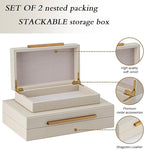 Set of 2 Beige Shagreen Decorative Storage Boxes with Gold Metal Handles – Faux Leather Jewelry & Memory Boxes, Nesting Photo Organizers for Home Decor