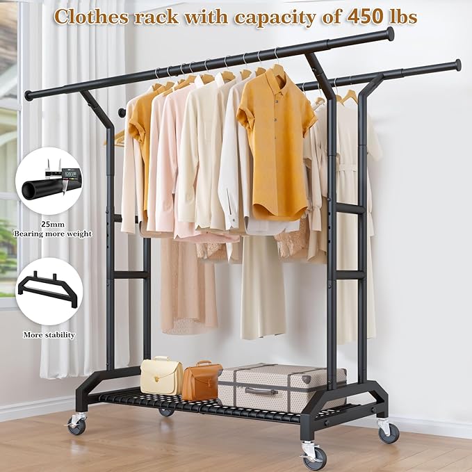 Heavy Duty Clothes Rack Double Clothing Rack 450lbs Capacity 3" Industrial Wheels 51"-71" L X 19.7" D X 73"-79" H Stury Rolling Clothes Rack Adjustable Rolling Garment Rack Black