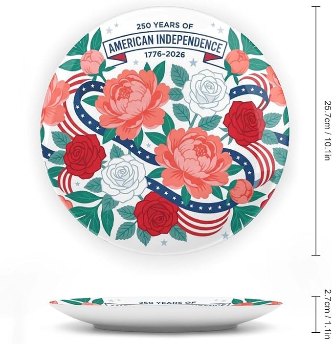 250th Anniversary Decorative Plates 10 Inch Modern Floral Patriotic Decorations Commemorative Plates with Stand Memorial Day 4th of July Veterans Day Home & Office
