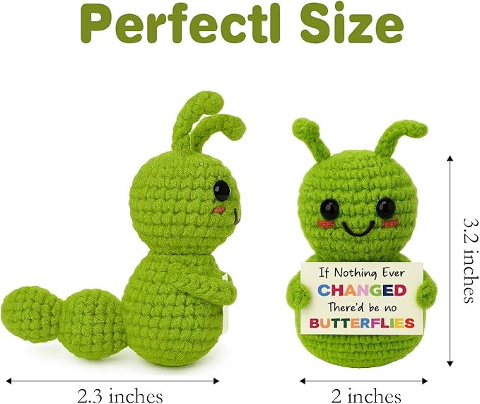 Positive Christmas Caterpillar Encouragement Gift – Mini Crochet with Change Quote Card – Small Handmade Comfort Gift for Best Friends Coworkers – Positive Inchworm Motivation Present