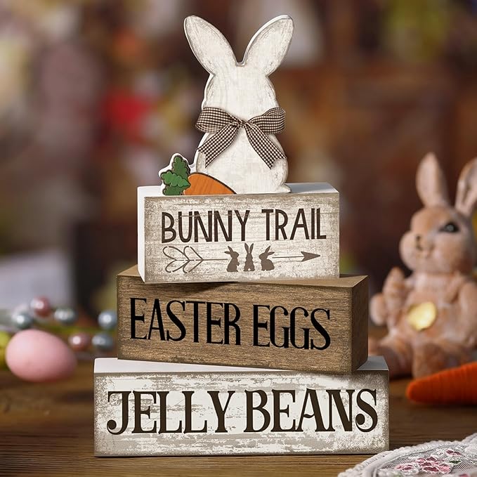 Lineshading 4 Pcs Easter Table Decoration Wooden Rabbit Easter Day Tiered Tray Decor Rustic Wooden Bunny Block Sign Gifts Cute Bunny Centerpiece Farmhouse Holy Week Party Decoration for Home Kitchen