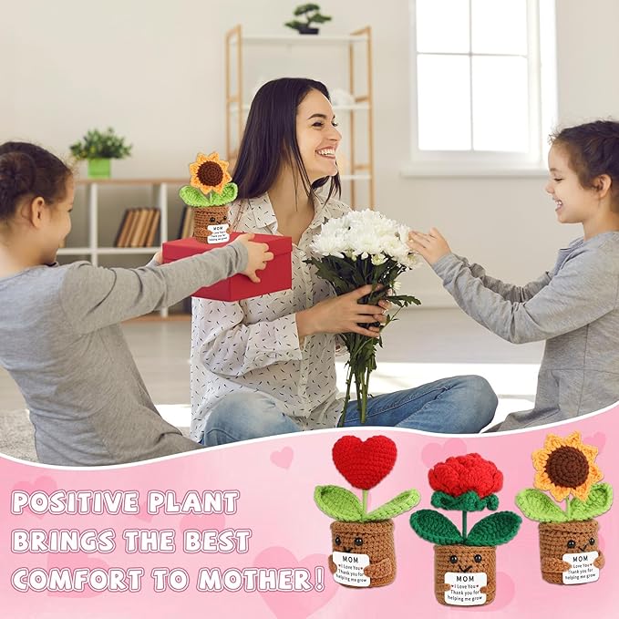Mom Mother's Day Appreciation Gift Positive Crochet Flower Heart Plant Emotional Support Sunflower Inspirational Handmade Knitted Doll with Card Cute Present for Mommy Grandma for Mother Birthday