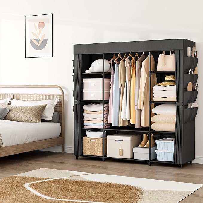 Portable Closet for Hanging Clothes 57.3 Inch Large Capacity Wardrobe Closet with Cover, 8 Pockets and 1 Hanging Rod, Easy Assembly Closet Organizer for Bedroom, Black