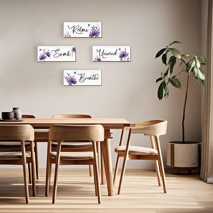 ONIZHITY Set of 4 Purple Bathroom Decor With Purple Flower Wall Decor Inspire Relax Soak Unwind Breathe Rustic Wooden Wall Art Ideal for Bedroom Office Living Room Kitchen Decoration(Purple 10x4Inch)