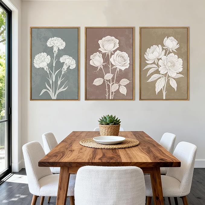 BINCUE Extra Large Neutral Botanical Wall Art Floral Painting Flower Print Flower Artwork Floral Wall Decor Flowers Wall Pictures for Living Room Bedroom Bathroom Dining Room Farmhouse 24x36 Inches 3 Piece Gift