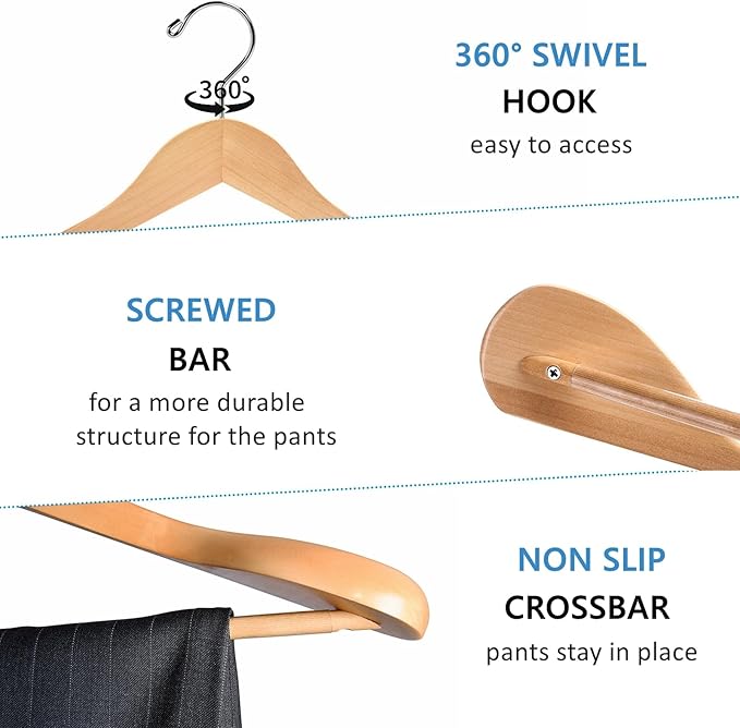 Amber Home 6 Pack Wide Shoulder Wooden Suit Hangers, Natural Wood Coat Hangers with Non Slip Pants Bar, Clothes Hangers for Jackets, Sweaters, Pants & Heavy Clothes (Natural, 6 Pack)